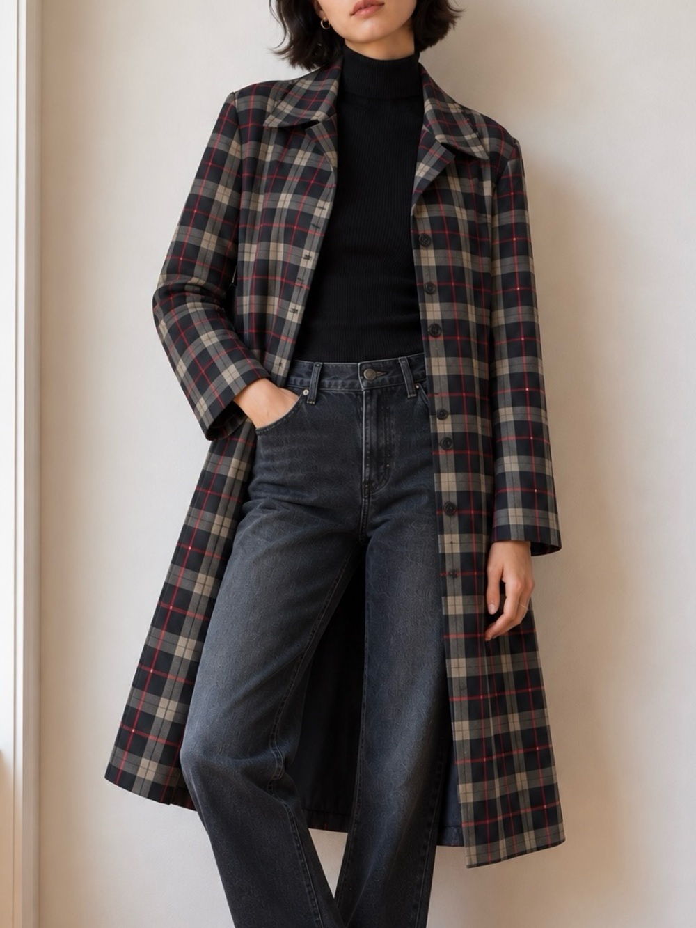 Vintage Calvin Klein 90s Lightweight Plaid Wool Long Coat L